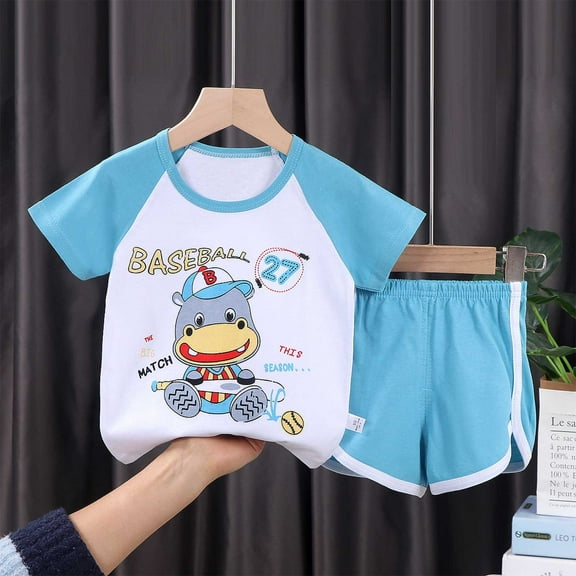 Babcutegg Summer Baby Short Shirt and Shorts Boys T-Shirt and Pants Sets Printed Round Neck Athletic Outfit Set Light Blue Size 110cm