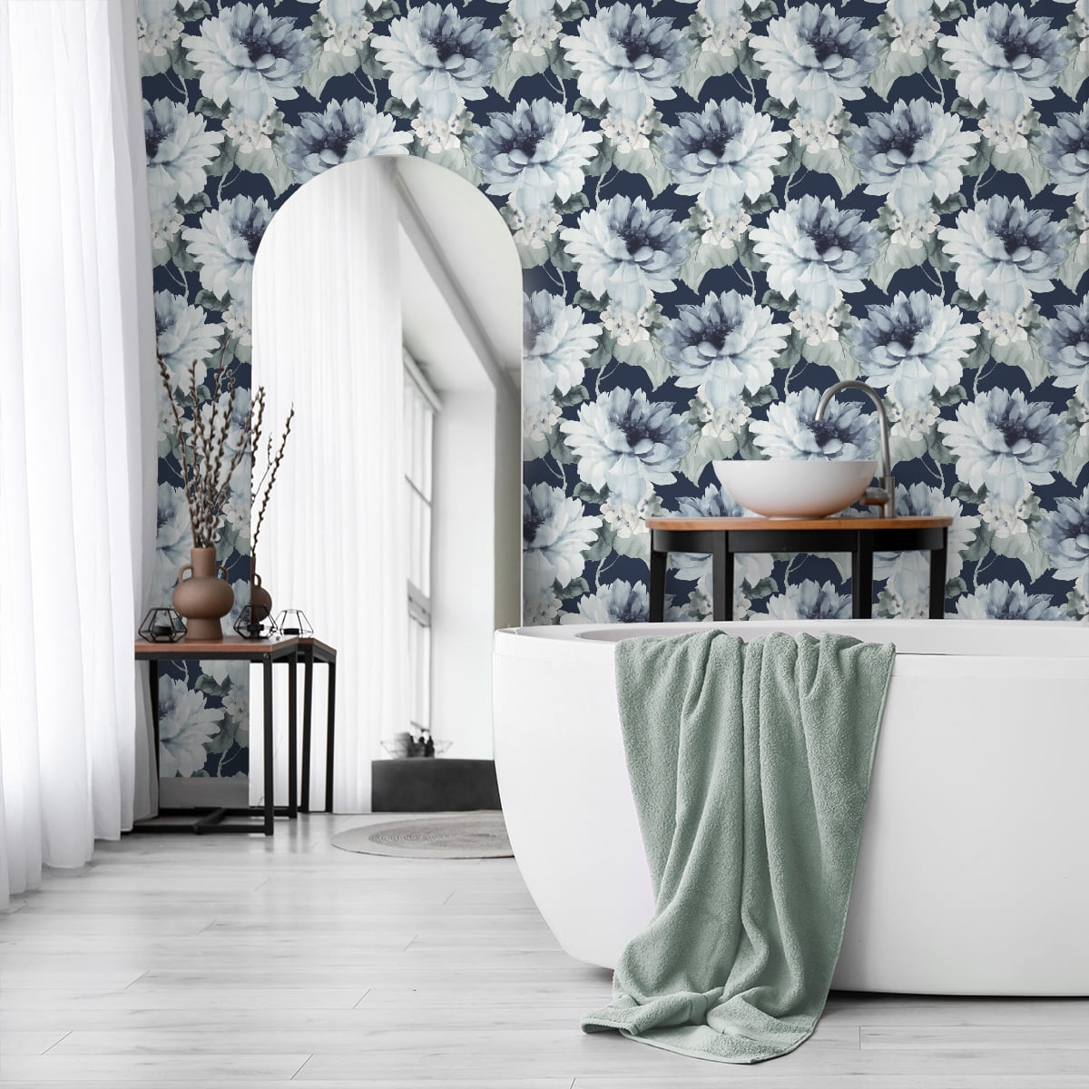 NextWall Harry & Grace Watercolor Floral Peel and Stick Wallpaper 20.5 in. W x 18 ft. L - Navy Blue & Slate Green
