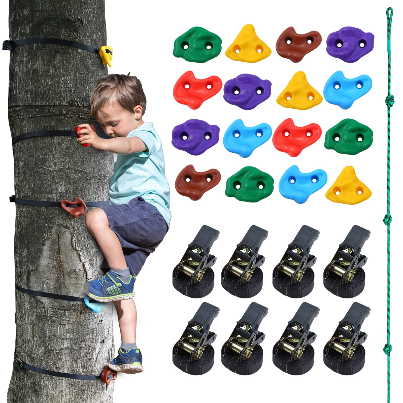 with 6pcs 10ft Ratchet Straps for Warrior Obstacle Course Outdoor Playground Backyard Accessories for Tree Climbing HAPPY MOTTE 12 Tree Rock Climbing Holds for Kids 