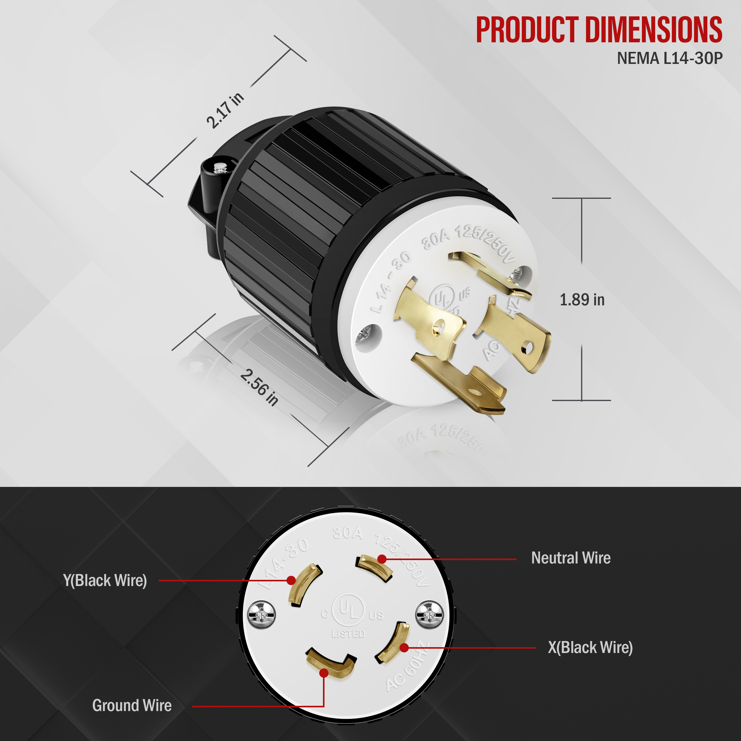 ENERLITES NEMA L14-30P Locking Plug Connector for Generator, Twist Lock Male Plug, 30 Amp, 125/250 Volt ,3 Pole, 4 Wire Grounding, Industrial Grade Heavy Duty, UL Listed, 66470-BK, Black
