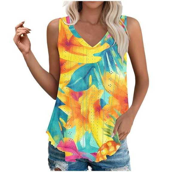 Womens V Neck Tank Tops Eyelet Tee Floral Printed Sleeveless Shirts Causal Basic Tunic Tees Oversize Cami Going Out Outfits Summer 2026 Fashion