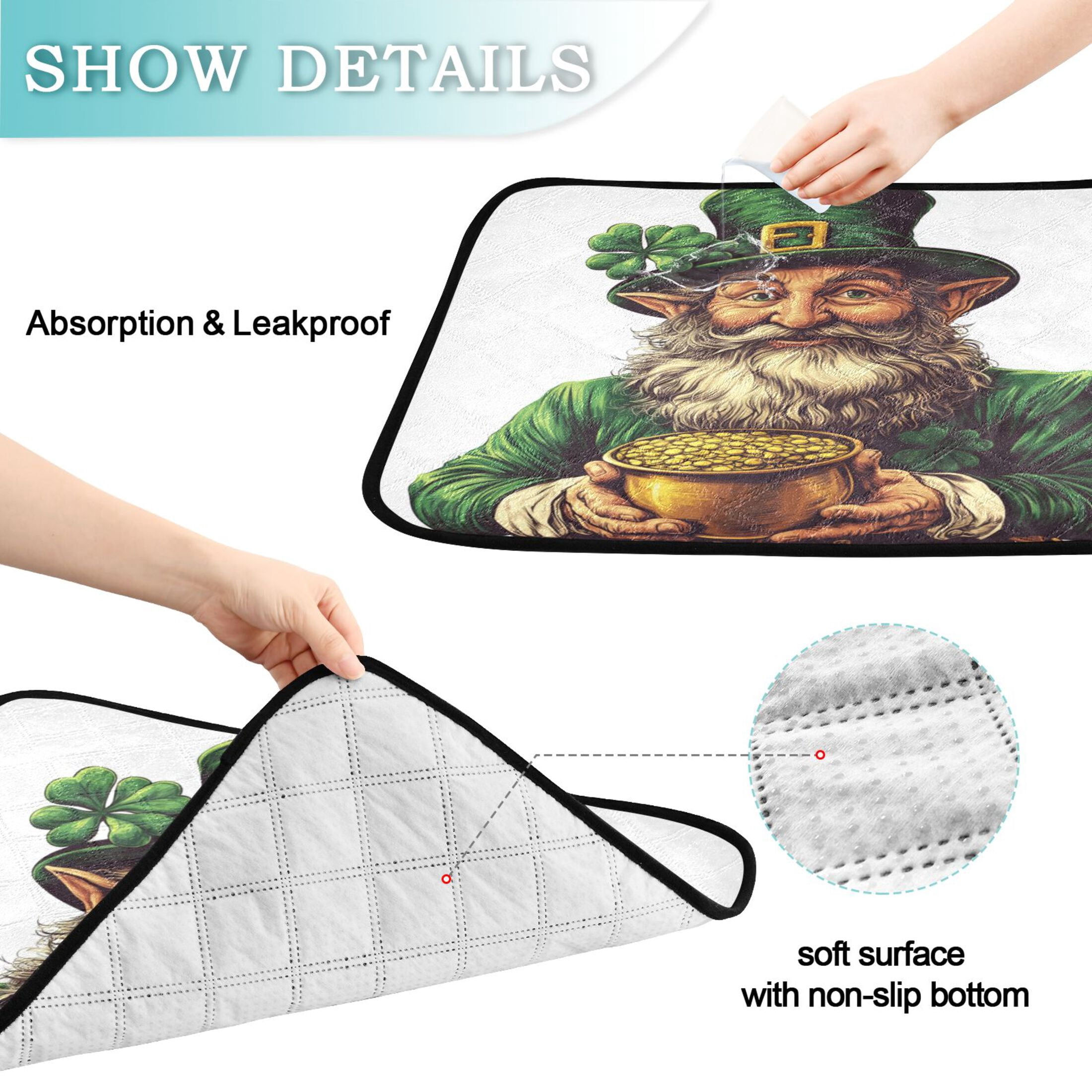 Qxltty Stpatricks Day Leprechaun Cat litter Pads Pet Set of 2 Diaper Mats Center Anti-leakage Layer Absorbent Soft and Comfortable