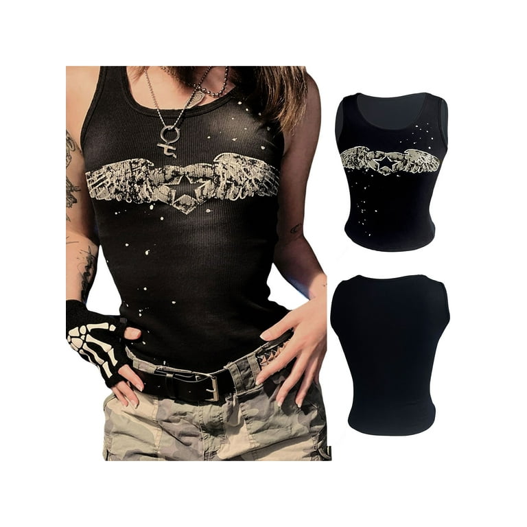 Women Vintage Y2K Grunge Aesthetic Gothic Punk Tank Top Sleeveless Rock Graphic Print Crop Tee Slim Fairy Cotton Streetwear Women Vintage Y2K Grunge Aesthetic Gothic Punk Tank Top Sleeveless Rock Graphic Print Crop Tee Slim Fairy Cotton Streetwear