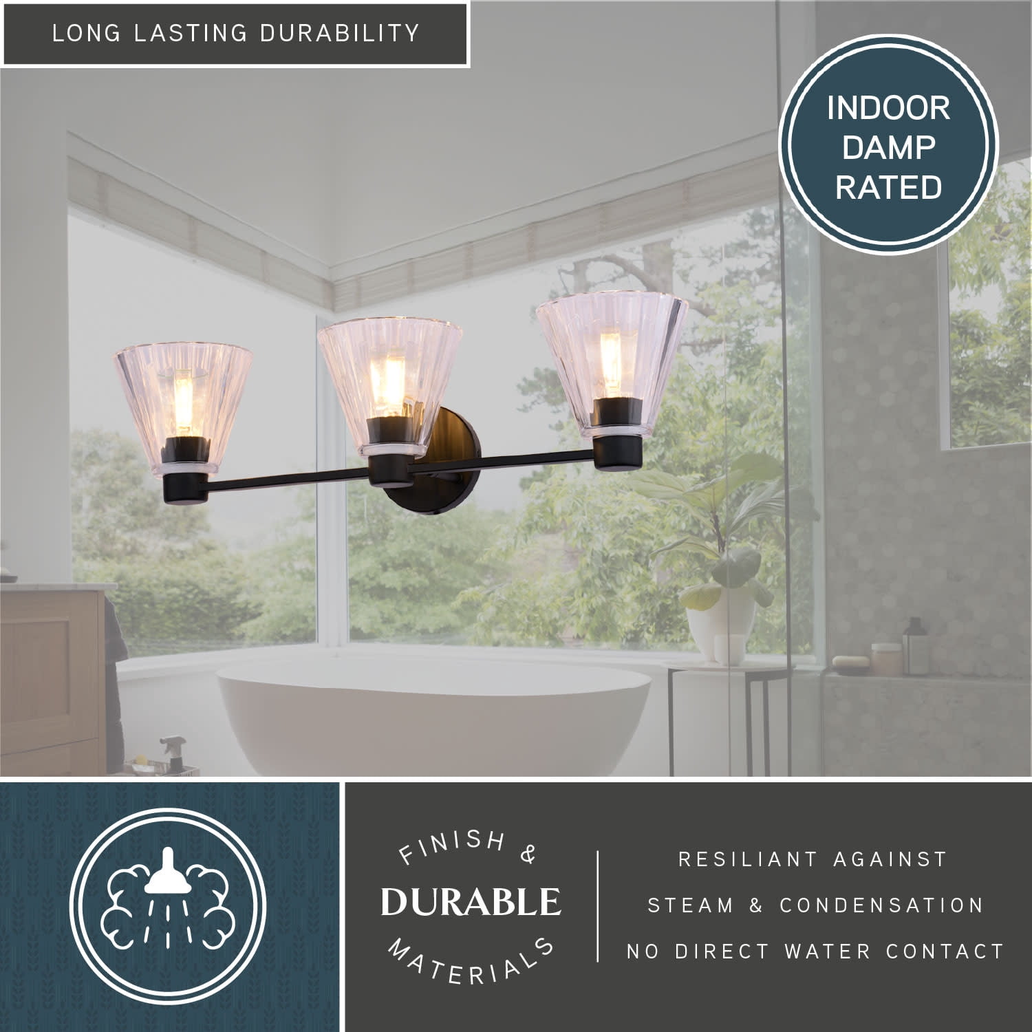 Dalton 3-Light 25.5 in. Wide Matte Black Transitional Bathroom Vanity Lighting Fixture, Clear Ribbed Cone Glass Shade, Dimmable, LED Compatible, Over the Mirror Mounted Steel Wall Sconce