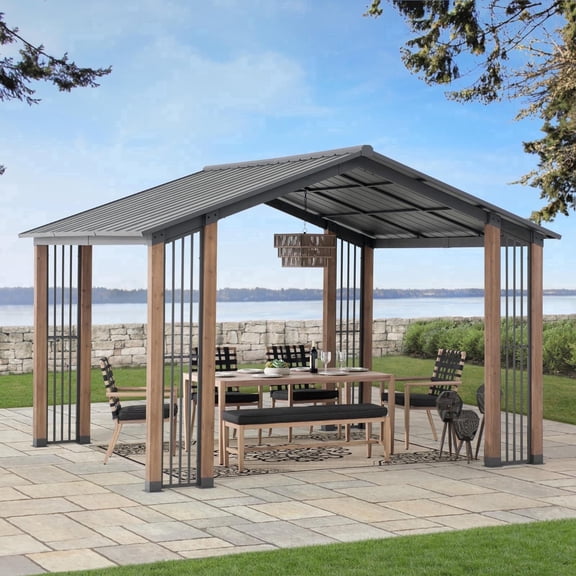 Sunjoy Clint 11 x 13 ft. Outdoor Cedar Wood Frame Gazebo with Black Steel Hardtop Roof for Patio, Garden, Backyard, and Lawn Activities