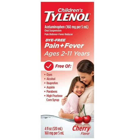 Children's Tylenol for Ages 2-11 Dye-Free Cherry Flavor Suspension, 4 Ounces