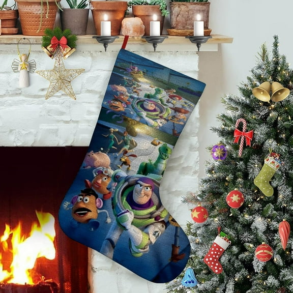 Buzz Lightyear-theme Christmas Stockings，Fine white linen for Stairs Fireplace Hanging Xmas Home Decor Christmas gift17.7"X12.6"(45cm×32cm)