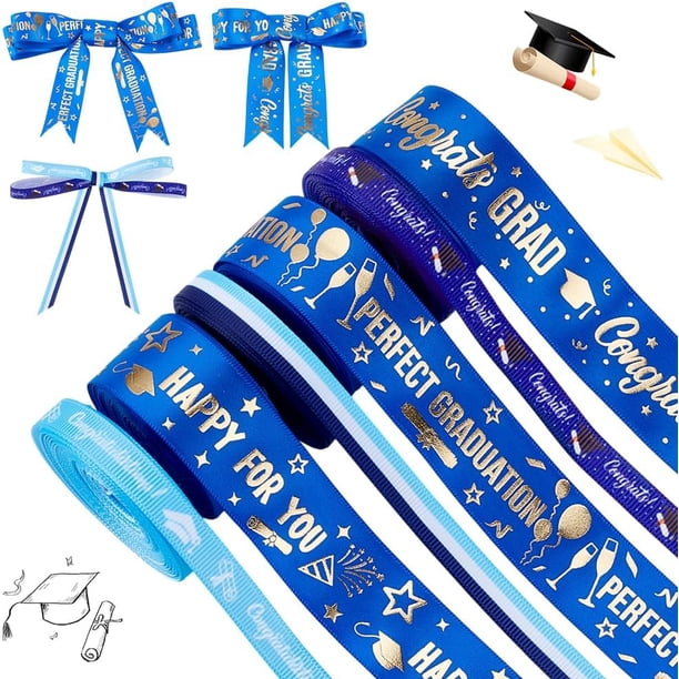 6 rollos de cinta de graduación, cintas azules de 1 pulgada y 3/8 de pulgada, cinta de grosgrain de poliéster para manualidades, decoración para fiestas de graduación.