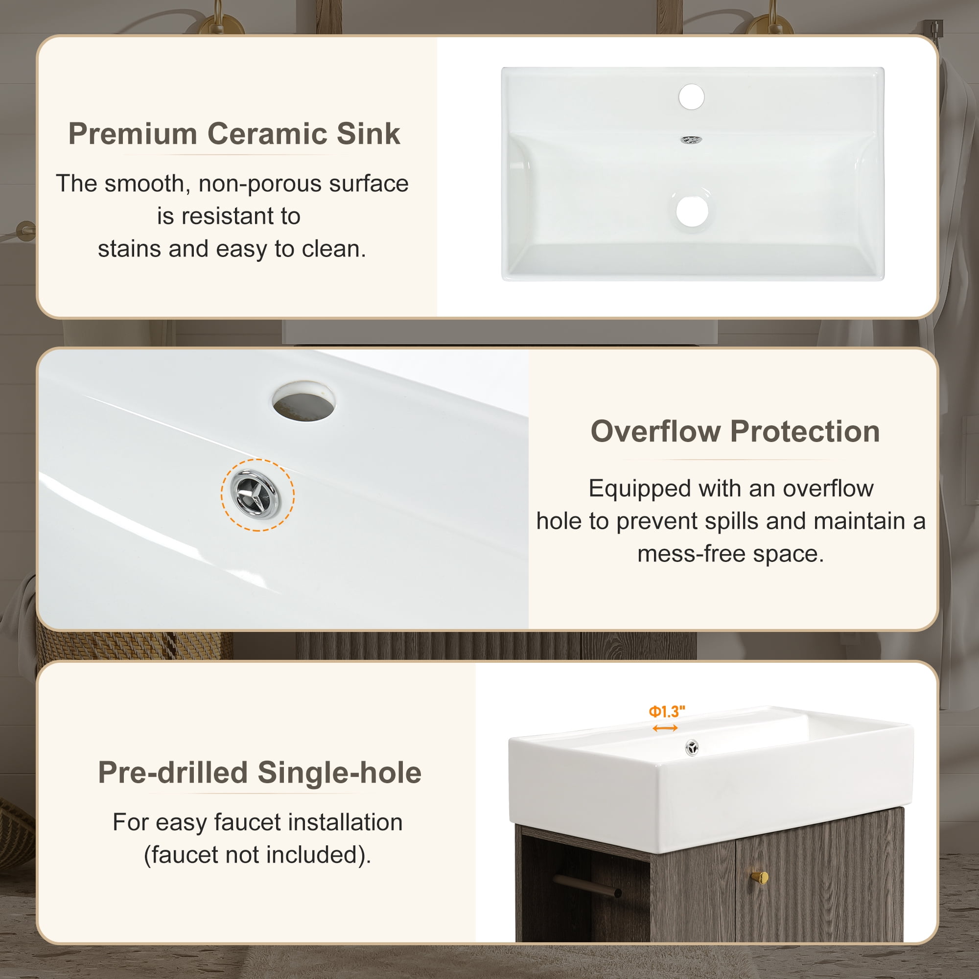 MODERNLUXE 21.6 Inch Bathroom Vanity with Ceramic Sink, Undermount Vanity Sink Cabinet with Soft Closing Door,Free Standing Bathroom Storage Cabinet with Right Door Open for Small Space,Dark Grey