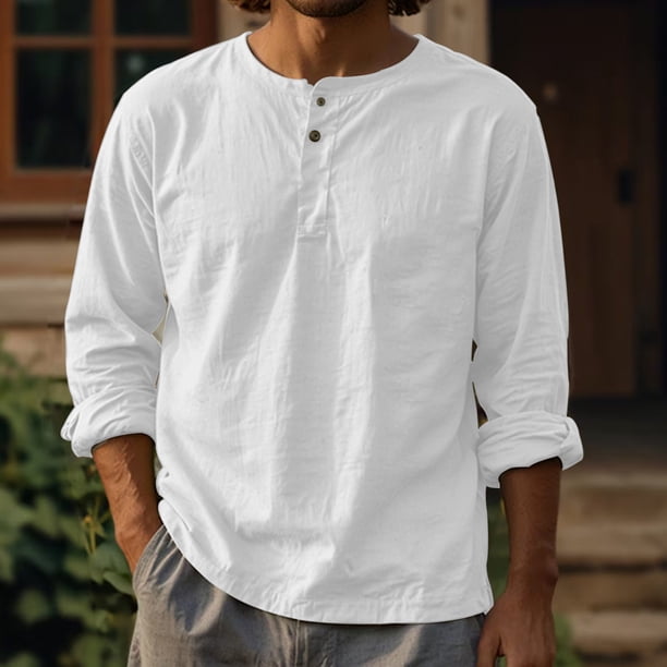 Ceisia Men's Cotton-Linen Henley Neck T-Shirt | Relaxed Long-Sleeve Solid Casual Top Gift