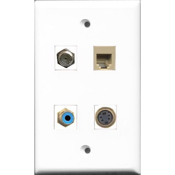 RiteAV 1 Port RCA Blue and 1 Port Coax Cable TV- F-Type and 1 Port Phone RJ11 RJ12 Beige and 1 Port S-Video Wall Plate