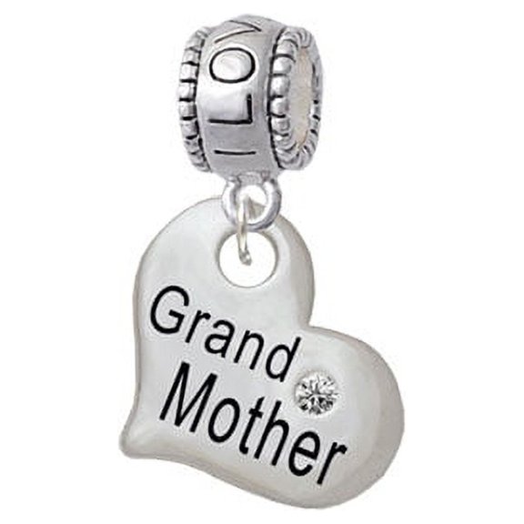 Large ''Grandmother'' Heart with Clear Crystal - I Love You Charm Bead