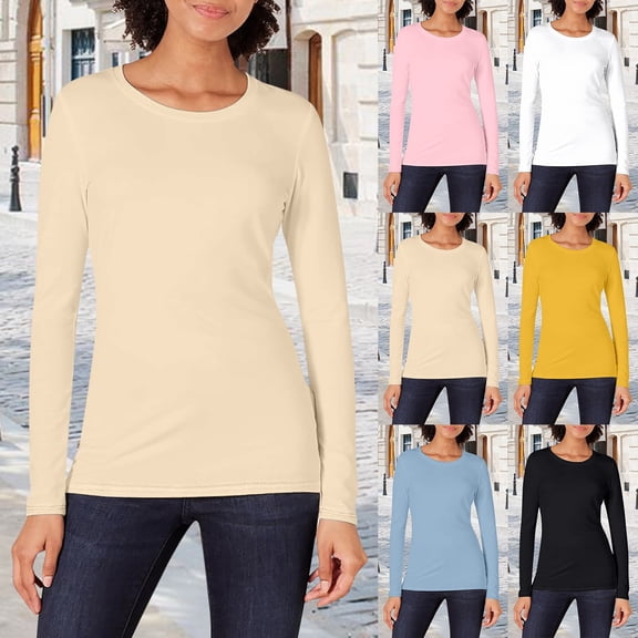 Women Cotton Long Sleeve T Shirt, Crew Neck Solid Color Base Layer Tee, Fall Basic Layering Top