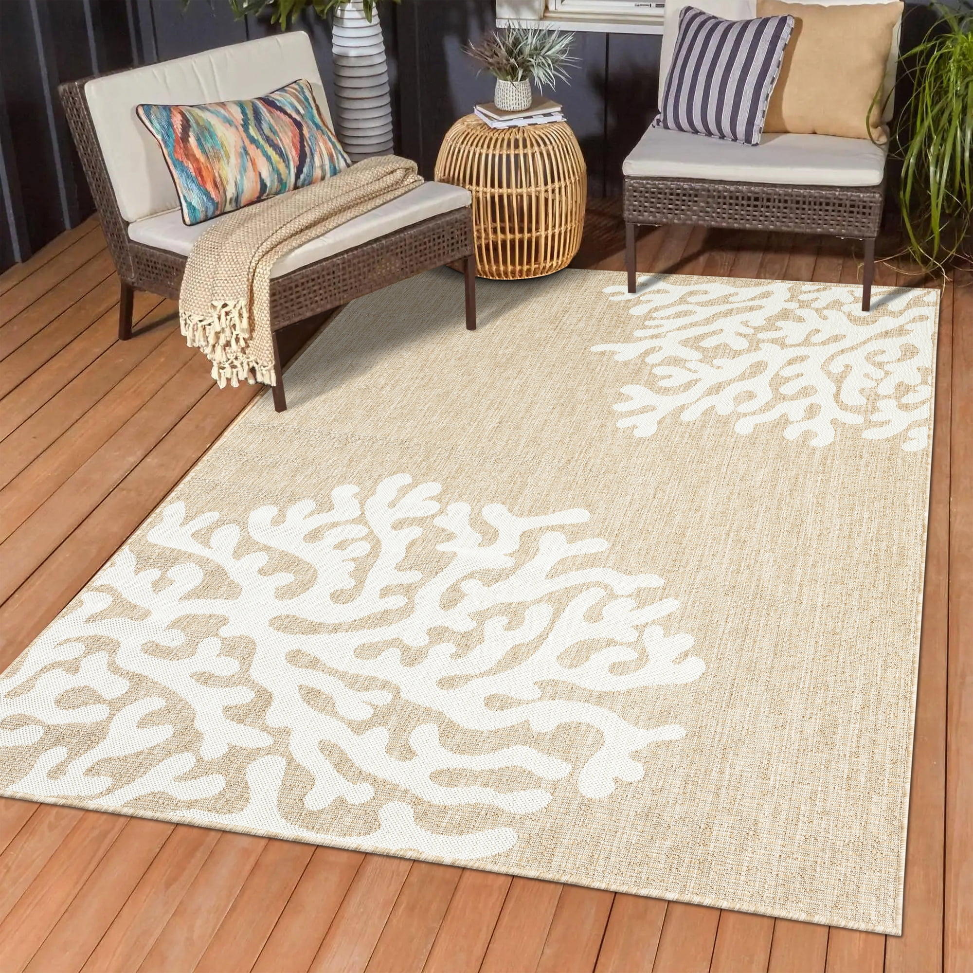 Ox Bay Dom Floral Nautical Performance Polypropylene Indoor Outdoor Area Rug, Beige, 5' x 7'