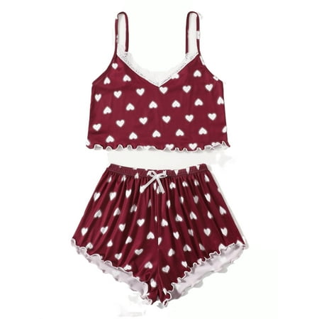 

Womens Pajama Sets Lettuce Trim Spaghetti Strap Sleepwear Burgundy S