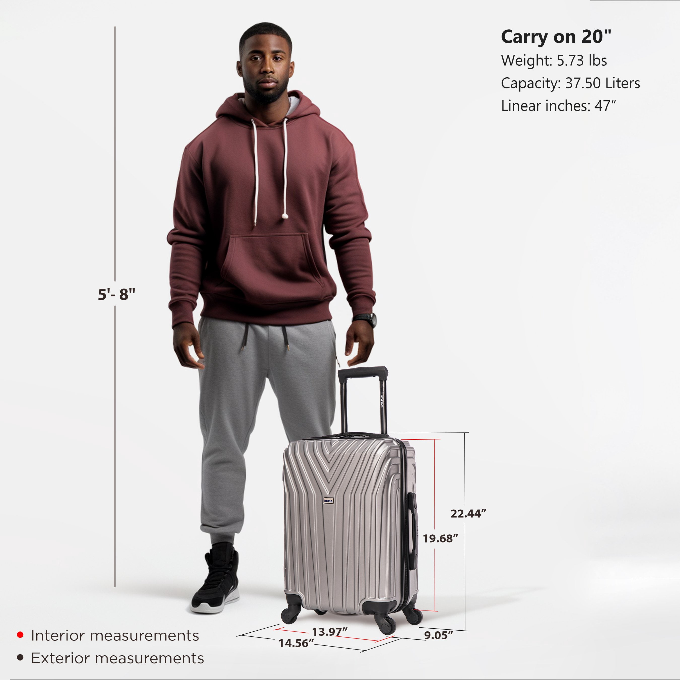 InUSA Vasty 20" Hardside Lightweight Luggage with Spinner Wheels, Handle, and Trolley, Gray