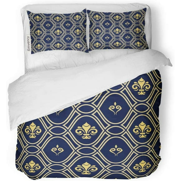 HATIART 3 Piece Bedding Set Navy Blue and Goldenn Pattern Modern Geometric with Royal Lilies Classic Vintage Twin Size Duvet Cover with 2 Pillowcase for Home Bedding Room Decoration