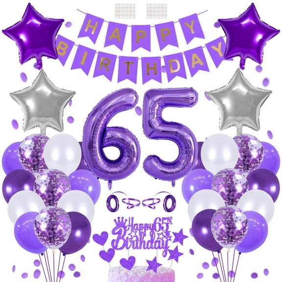 65 Birthday Decoration Happy Birthday Banner KKS1 Balloons Garland Toppers Purple Number 65 Helium Balloon Birthday Decorations for 65 Year Old Women Men Birthday Party Supplies Photo Backdrop