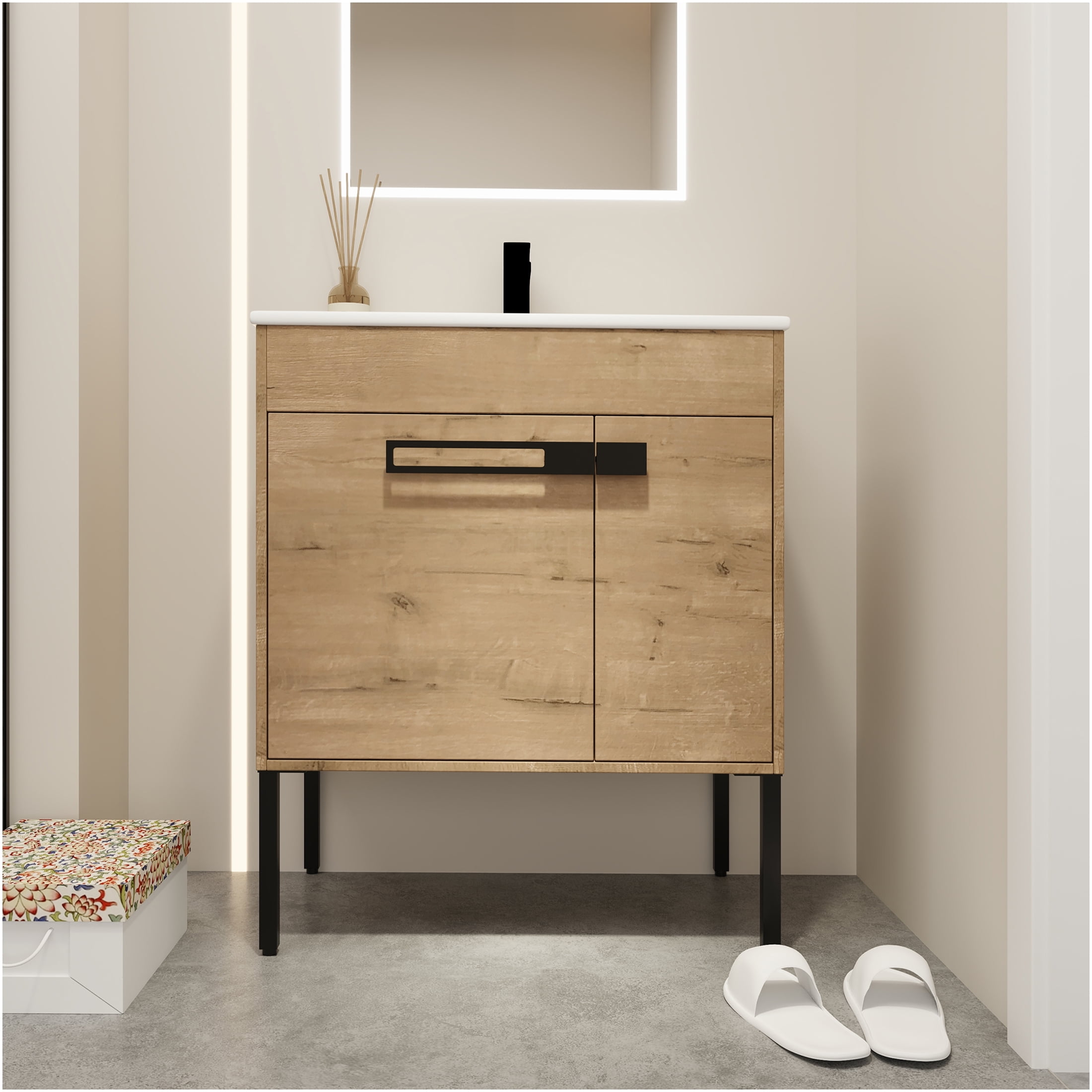 JERFIT 30 Inch Bathroom Vanity with Ceramic Sink, Freestanding or Wall-Mounted Modern Cabinet with Soft Close Doors, Adjustable Shelf, Imitative Oak Finish