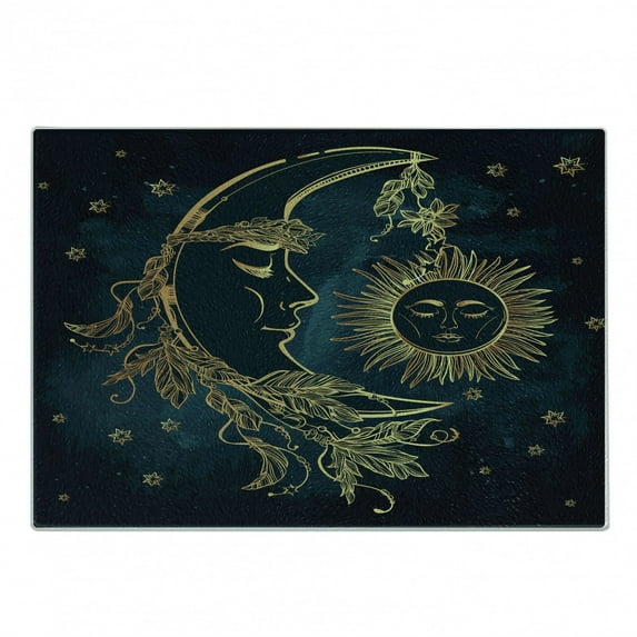 Psychedelic Cutting Board, Crescent Moon with Boho Feathers Alchemy Magic Egyptian Myth Design, Decorative Tempered Glass Cutting and Serving Board, Small Size, Yellow Petrol Blue, by Ambesonne