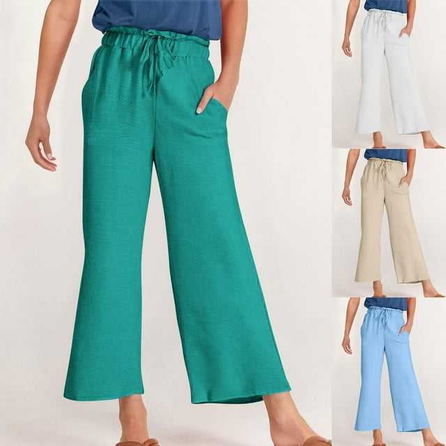 Sentmoon Linen Pants Women Solid Color Drawstring High Waist Pants for Women Plus Size Loose Fit Wide Leg Delightful Summer Boho Pants Beach Essentials for Work and Office Green XXL