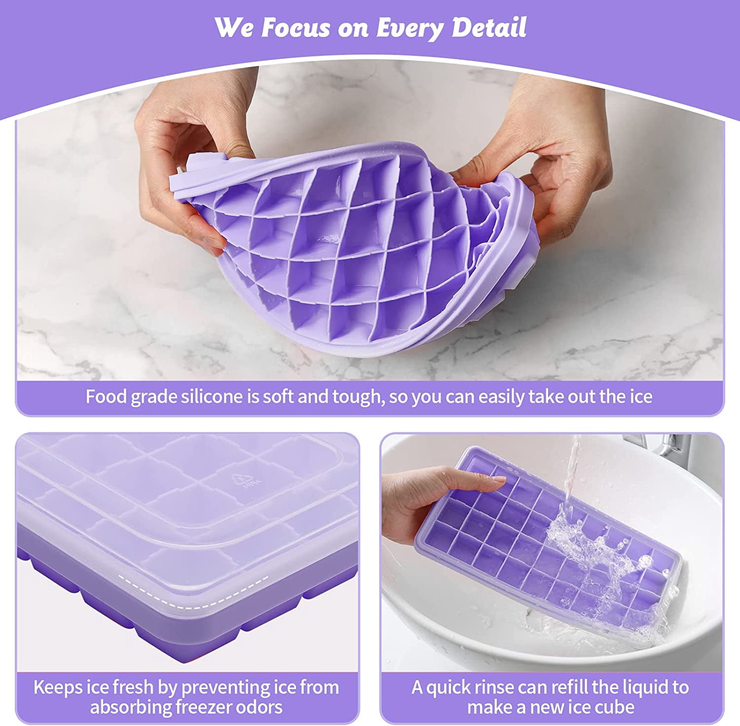 Silicone Ice Cube Tray with Leak-Proof Lid & Storage Bin for Freezer – BPA-Free 36-Piece Nugget Ice Molds, Spill-Resistant Cover & Ice Scoop Container Cover Violet