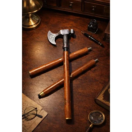 Global Antiques Solid Antique Axe Head Walking Stick Victorian Wooden Cane 3-Piece Detachable Vintage Style for Men & Women