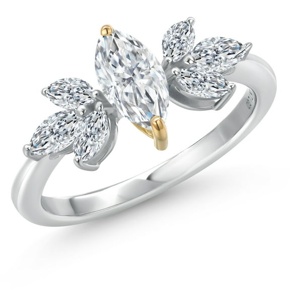 Gem Stone King 925 Silver and 10K Yellow Gold White Moissanite and Lab Grown Diamond Engagement Ring | 0.92 Cttw | Marquise 8X4MM and 4X2MM | Wedding Anniversary Promise Ring for Women | Size 8