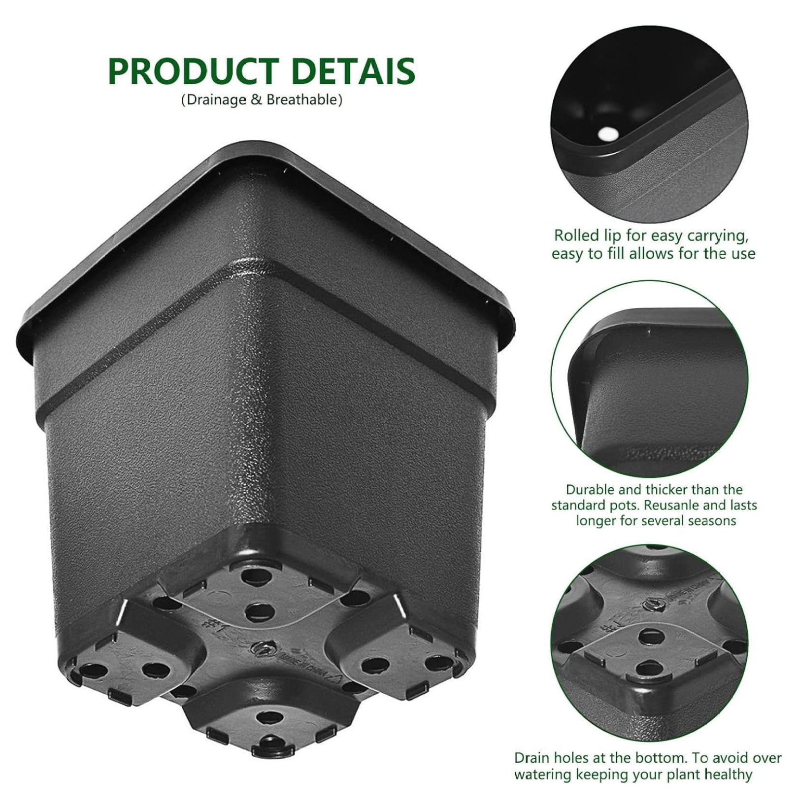 10-Pack 1 Gallon Square Planter Pots, Flower Plant Container Injection Molded Plastic Pots Gardening for Indoor Outdoor Vegetables, , Black