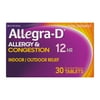 Allegra D 12-Hour Allergy and Congestion Relief Tablets, Non-Drowsy Indoor and Outdoor Allergy Medicine, 60 mg Fexofenadine HCI and 120 mg Pseudoephedrine Antihistamine Pill, 30-Count