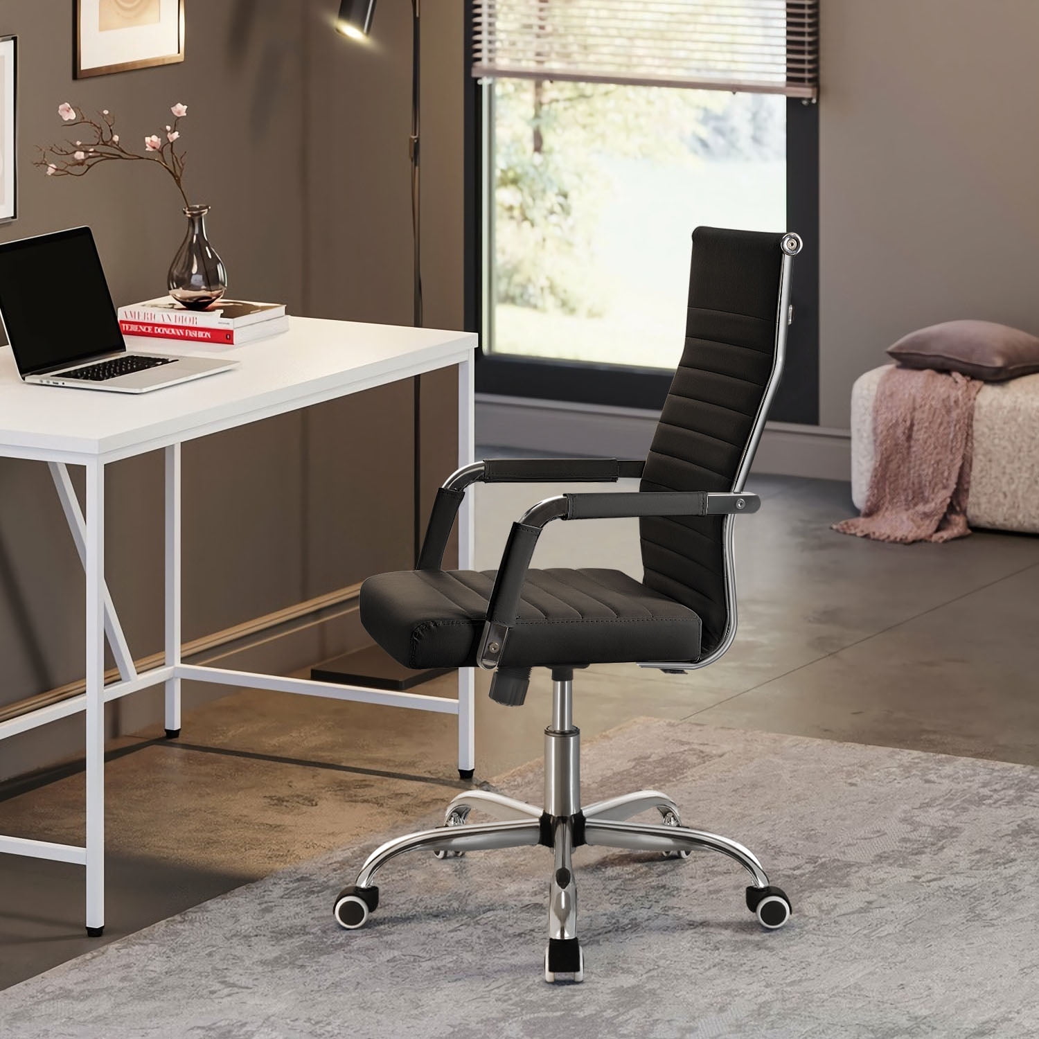 Lacoo Mid-Back Faux Leather Office Desk Chair Executive Conference Task Chair with Arms, Black