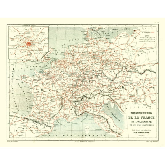 Historic Map - France Railroads - Cortambert 1880 - 29.34 x 23 - Vintage Wall Art