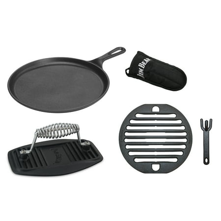 10 Piece Iron Set - Jim Beam 5 Piece Cast Iron Grate Set, 10” Iron Grate, 10.5” Cast Iron Griddle, Cast Iron Meat Press, Heat Resistant Mitten, Cast Iron Lifter