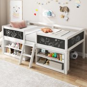 Low Loft Bed Twin Size, Wooden Loft Bed with Ladder & Blackboard, Twin Bed Frames for Kids with Storage 2 Bookcases and Play Space, White