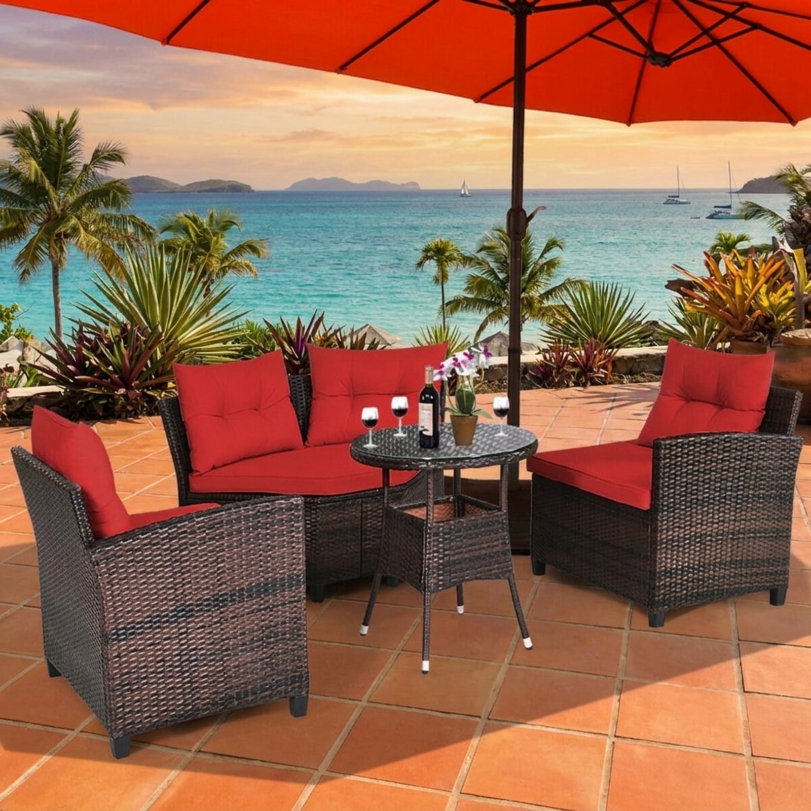Furnibear 4 Pieces Outdoor Cushioned Rattan Furniture Set Patio Conversation Set with Loveseat Two Armchairs and Table for Backyard, Red