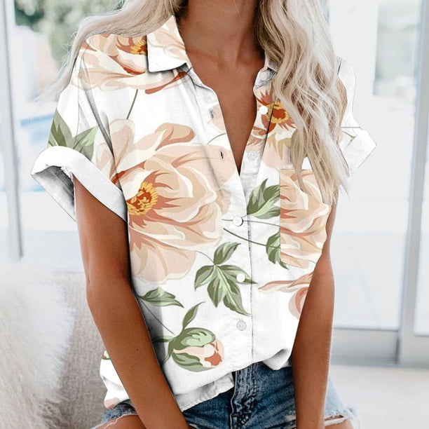 Fiudx Ropa de Mujer Camisa con Botones y Cuello Estampado Informal Regular de Manga Corta para Mujer