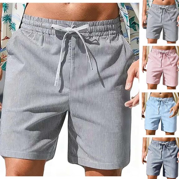 Bxsruta Men's Casual Drawstring Shorts Polyester Cotton Blend Lightweight Breathable Summer Beach Shorts
