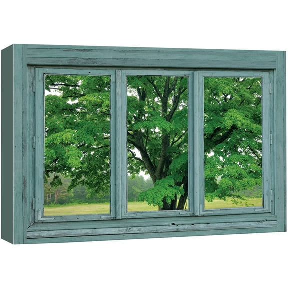 wall26 - Canvas Wall Art - 3 Frame Window Looking at a Green Tree in a Field - Giclee Print Gallery Wrap Modern Home Art Ready to Hang - 24x36 inches