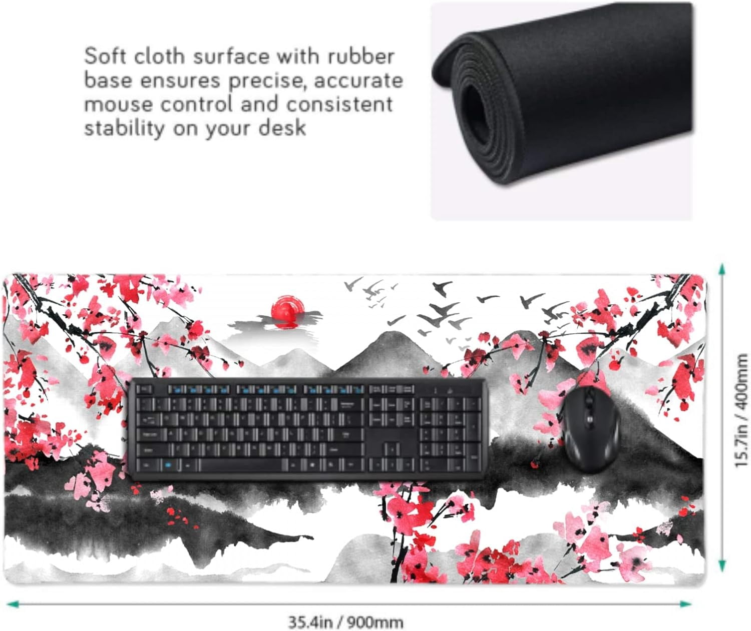 Japanese Cherry Blossom Mouse Pad 35.4x15.7in XXL Full Desk Pink Watercolor Art, Cool Design Gaming Mousepad, Extended Large NonSlip Rubber Base, Stitched Edges