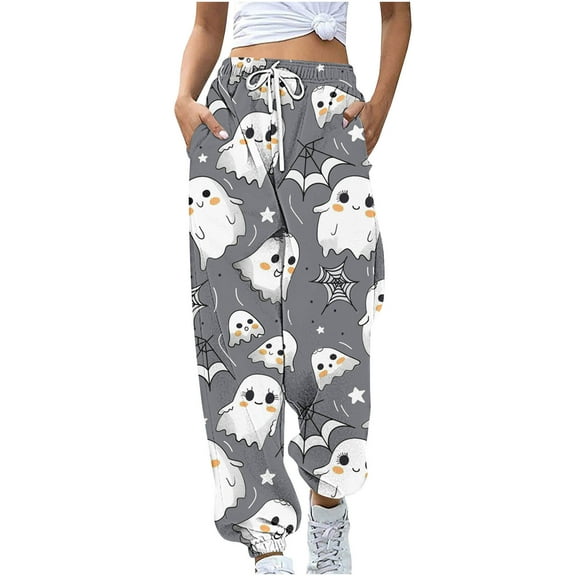 Wyobmus Halloween Baggy Streetwear Sweatpants for Women Cute Ghost Print High Waisted Athletic Joggers Y2K Trendy Lounge Trousers A-Gray