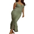 thumbnail image 3 of Women‘s Bodycon Dress Sleeveless Strappy Cut Out Ruched Mesh Ruffle Hem Fishtail Mermaid Maxi Dresses, 3 of 9