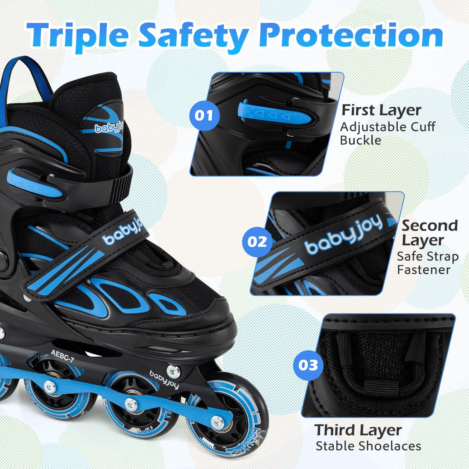 Babyjoy Adjustable Kids’ Inline Skates Ages 7-9 4 Sizes Adjustable Blade Roller with Light-up Wheels Black & Blue