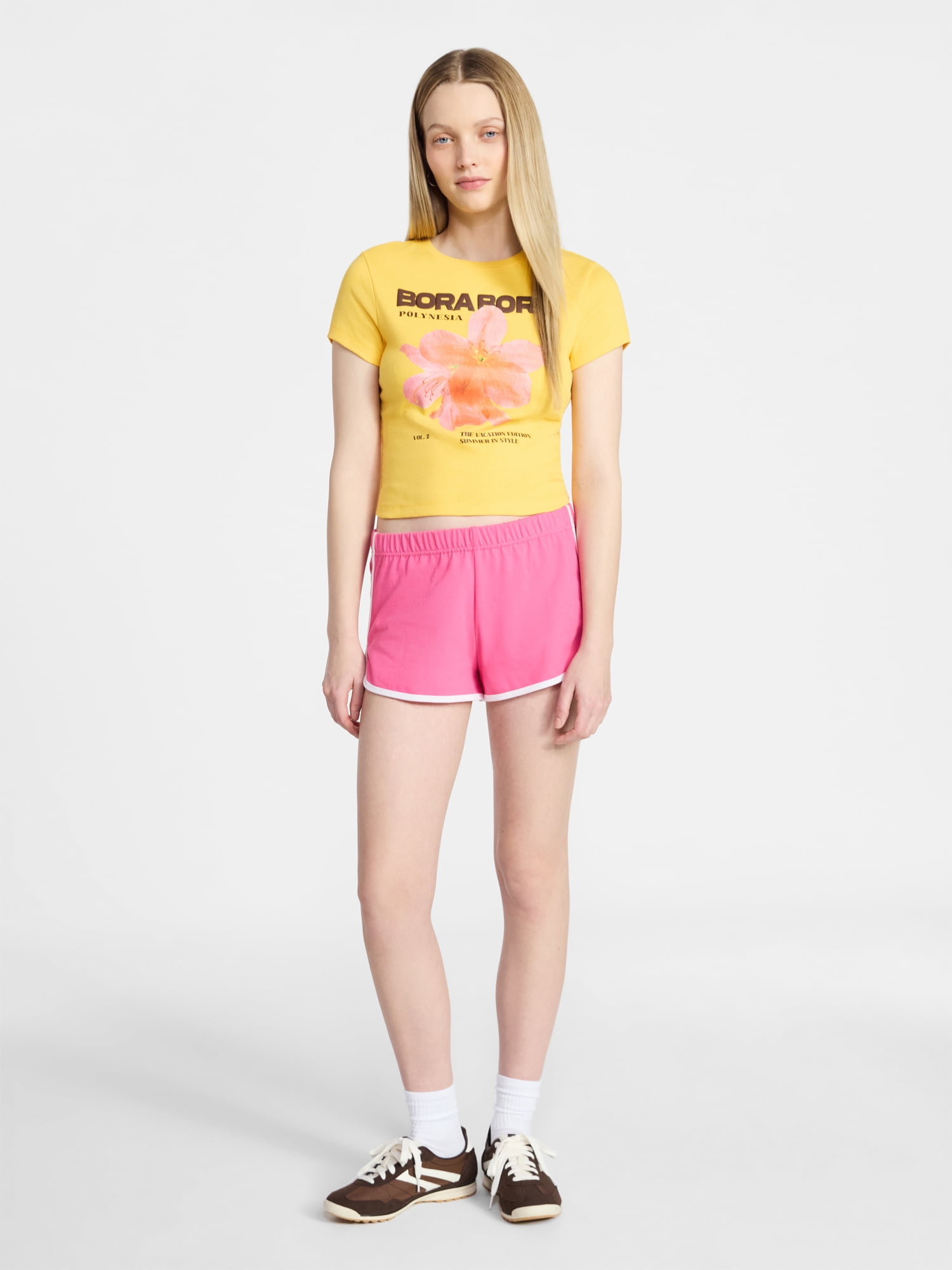 No Boundaries Ribbed Cotton Graphic Baby Tee with Short Sleeves, Women's XXS-XXL