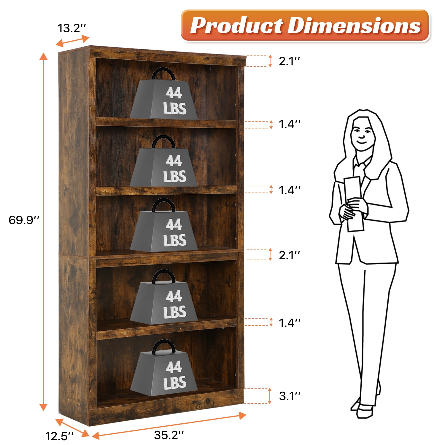 69.9" Tall Bookcase, 5-Tier Bookshelf Wood Bookshelves for Home Living Room Office, Brown