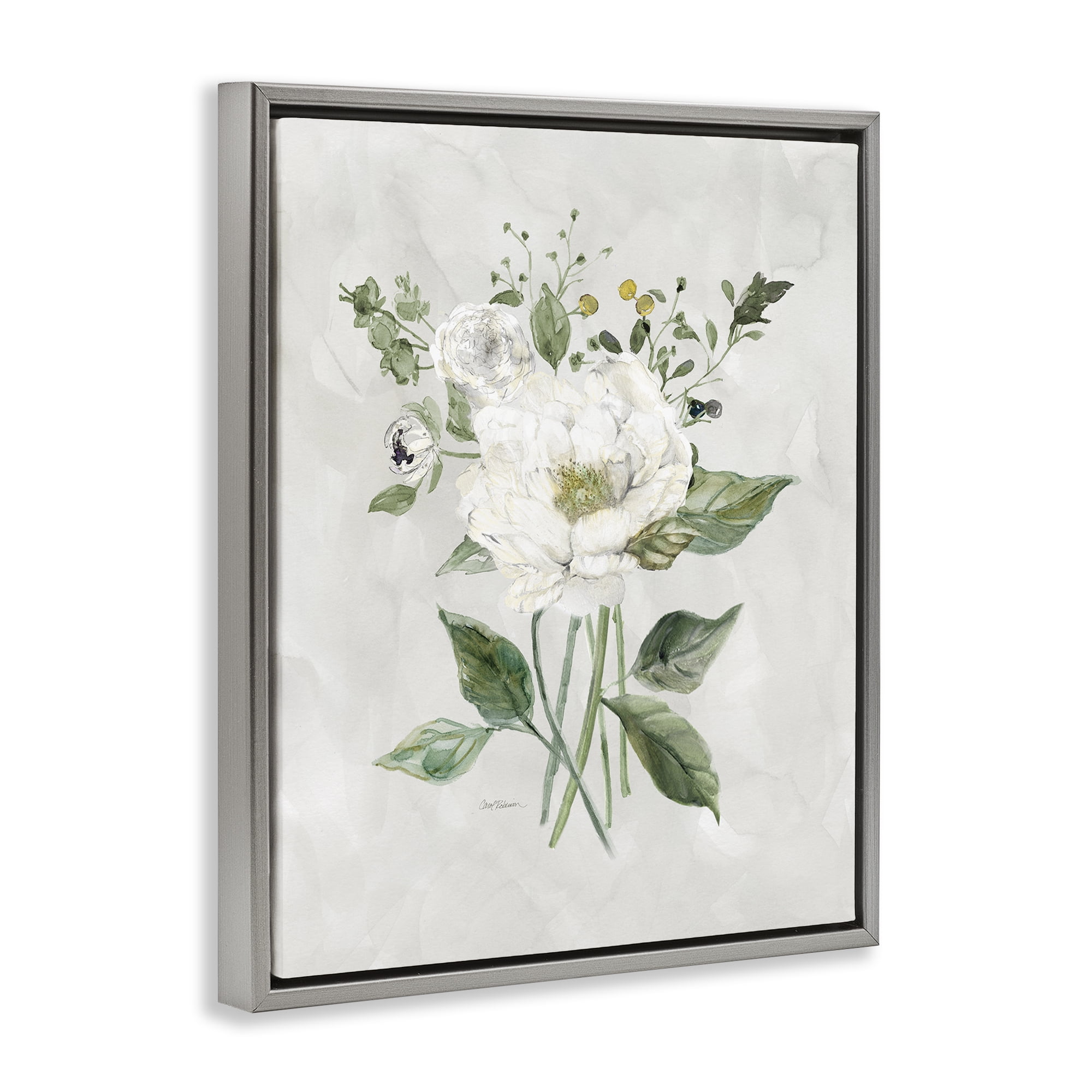Stupell Industries Cottage White Flowers Plants & Flowers Painting Gray Floater Framed Canvas Art Print Wall Art, 17 x 21