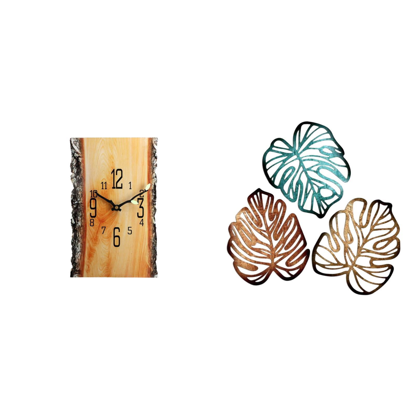 Esquirla Wall Clock Rectangle Annual Ring Wall Clock Plaque Palm Leaves Decorative Wooden Wall Art Silent Feature Lightweight Structure Suitable for Kitchen Living Room Dining Room Bedroom