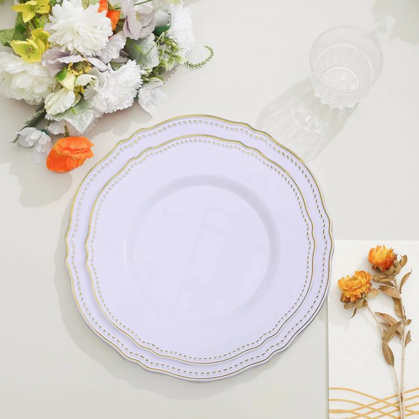 BalsaCircle 10 White Round 9" Disposable Plastic Dinner Plates Gold Scalloped Trim Party Events