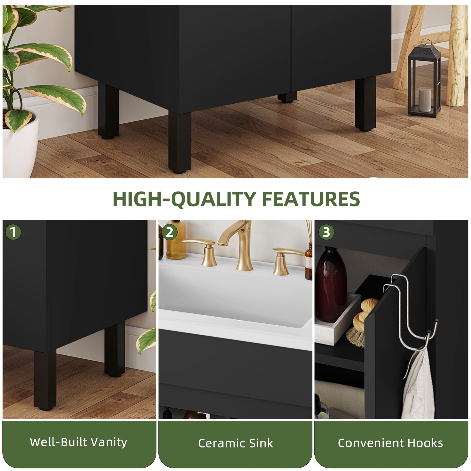 Uforic 24.9" Bathroom Vanity with Top Sink, Modern Free Standing Bathroom Storage Cabinet with Soft Close Door, Black