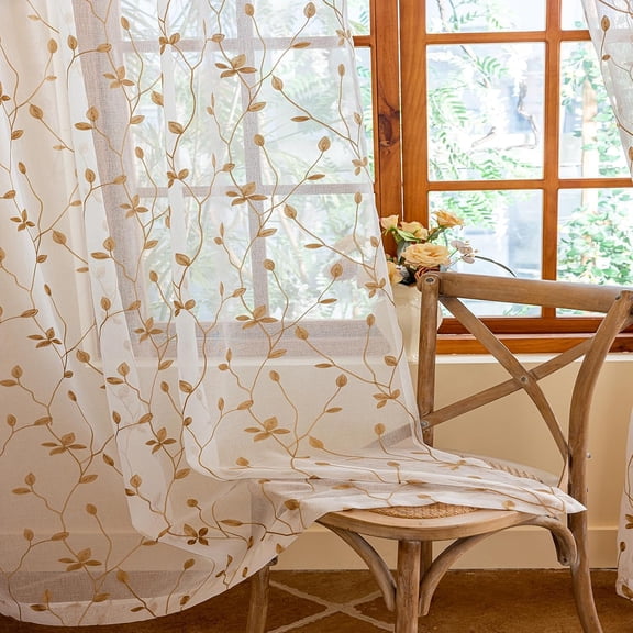 2 Panels Embroidered Leaf Pattern Semi Sheer Curtains Foliage Floral Voile Window Draperies Treatment for Bedroom Living Room Rod Pocket White Taupe 53 x 95 Inch
