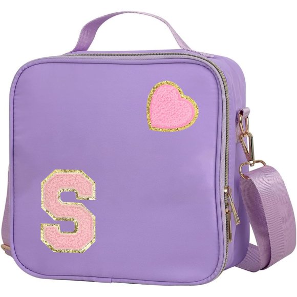 shiyou-Insulated Nylon Lunch Box for Girls, Kids, and Women-Stylish Purple Preppy Large Lunch Bag with Adjustable Strap (Letter S), Tote for School, Travel, and Picnics-Ideal Preppy Stuff Choice